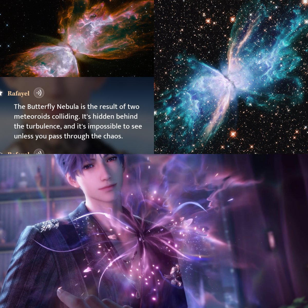 allforrafayel_'s tweet photo. A romantic little detail the devs hid in the trailer for Rafayel's new 5-Star Memory:
This image is actually NGC 6302, also known as the Butterfly Nebula. Its shape resembles a butterfly—and also two little fish kissing. 🐟🐟🩷
The Butterfly Nebula is also referenced in another of his Memories, Fires of Devotion. 💫

#LoveandDeepspace #恋と深空 #恋与深空 #戀與深空 #러브앤딥스페이스  #祁煜 #Rafayel