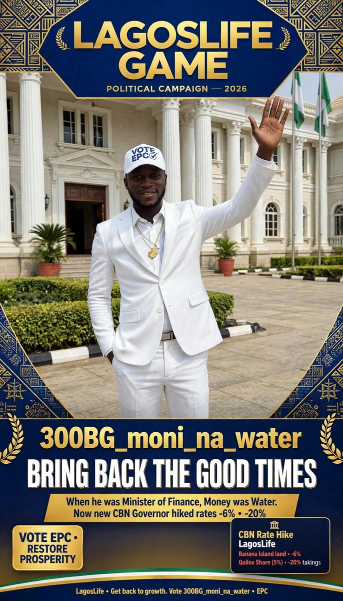 brightmbata84's tweet photo. LAGOSLIFE, THE CHOICE IS CLEAR 🗳️
>
> When 300BG_moni_na_water was Minister of Finance, MONI NA WATER.
> Now? New CBN Governor don hike rate, property don drop -6%, business -20% [see poster]. https://t.co/lwLYUb85Kf
