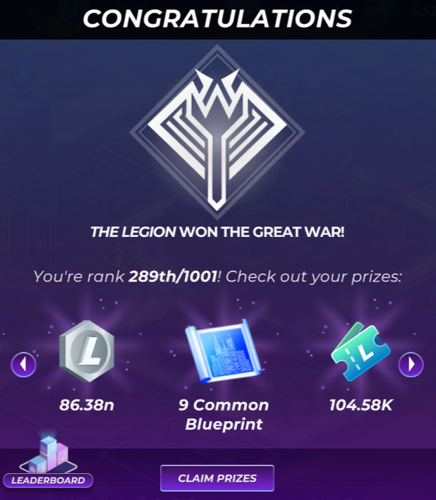 sab9395's tweet photo. Finished Into the Wild Blitz ranked 289/1001. Had to play catch up the first 2 days, but happy to win 104.58K vouchers and 178.55M Diamonds. No CRO spent and no businesses bought. Get ready for the Mane City World Series⚔️🦁❤️. @LoadedLions_CDC #LoadedLions #ManeCity #Cronos #NFT #Web3Gaming #CROFam #LionFam