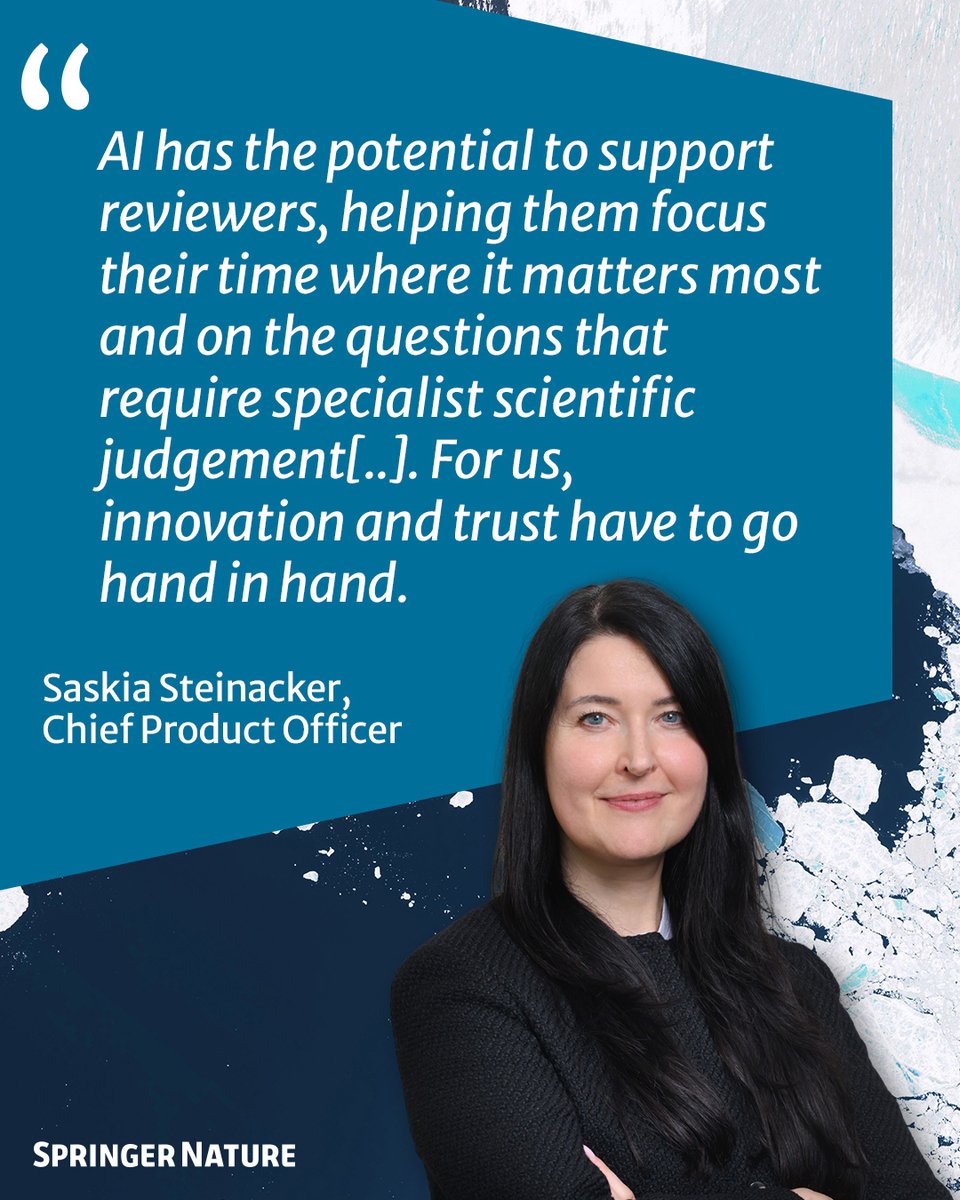 Quote graphic from Springer Nature Chief Product Officer Saskia Steinacker stating that AI has the potential to support reviewers and that innovation and trust have to go hand in hand.