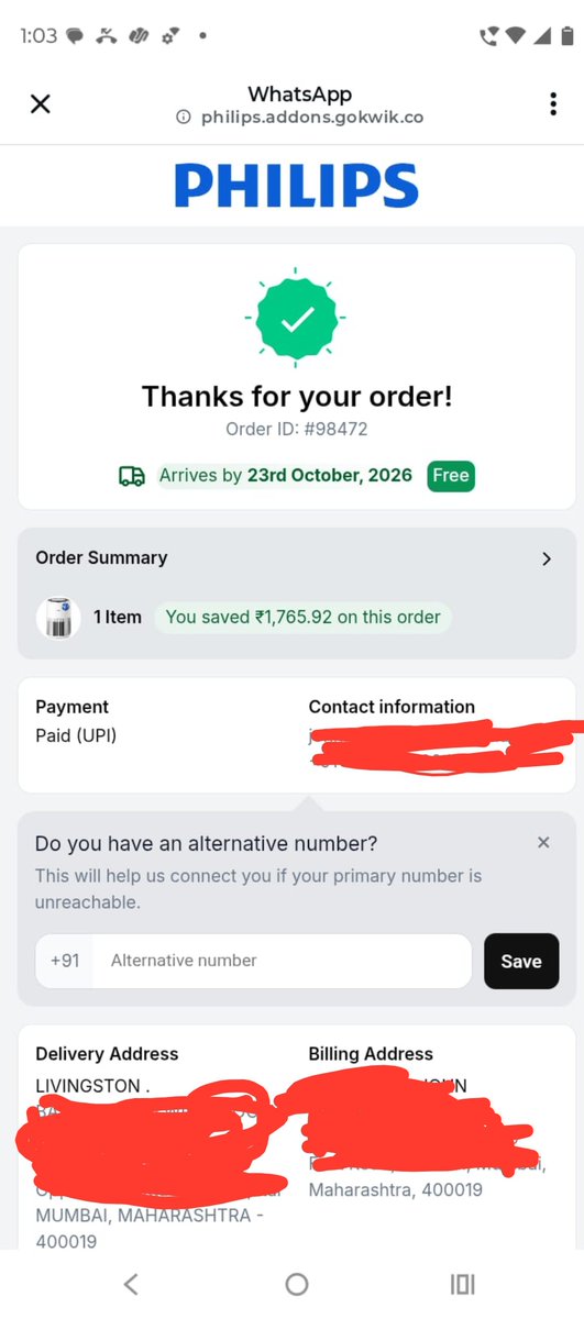 Livingstenjon's tweet photo. @Philips @PhilipsLiveFrom @PhilipsHealthIN @philipsindia 
No update of this order, I want this delivery today itself, it was supposed to be delivered on 23rd October. https://t.co/kVbXHwaEuD
