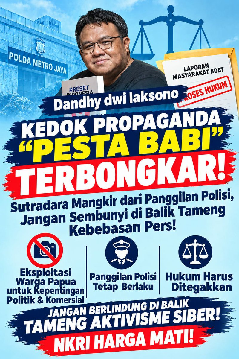 Robertuss2929's tweet photo. Kedok Propaganda "Pesta Babi" Terbongkar: Sutradara Mangkir dari Panggilan Polisi, Jangan Sembunyi di Balik Tameng Kebebasan Pers!

Bongkar kepanikan pembuat konten propaganda yang mendadak ciut saat berhadapan dengan hukum negara! Setelah dengan lancang mengeksploitasi https://t.co/lHWk0dcwO0