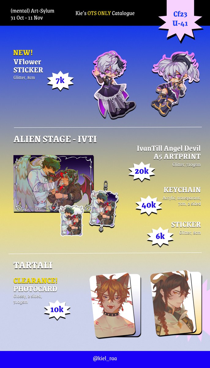 Kiel_raa's tweet photo. [🩵 + RT are appreciated]

KIE'S OTS ONLY(no PO) #CF23 CATALOGUE ✨

🗓️ Comifuro 23 
📍(Mental) Art-Sylum U-41
🛍️ Both days

⭐ Vocaloid, Pandavva, ALNST (IvTi), Genshin Impact (TartaLi)

#comifuro23 #cf23catalogue https://t.co/IPQEayaITM