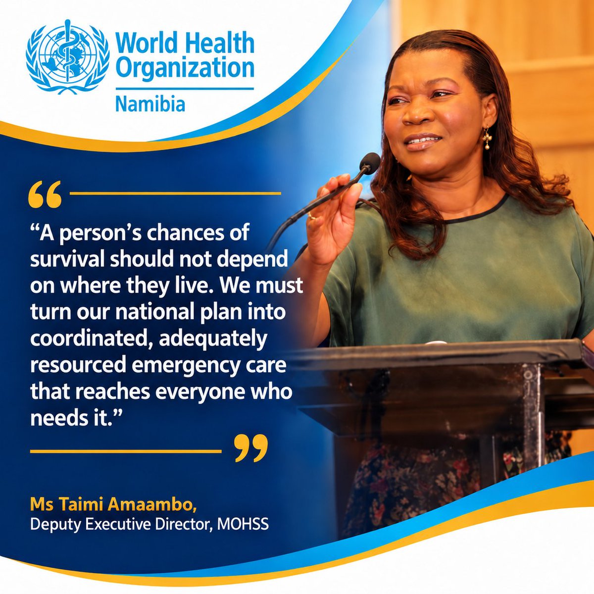 WHONAMIBIA's tweet photo. The @MhssNamibia , with technical support from @WHONAMIBIA , brought together stakeholders in Windhoek for the National Consolidation Workshop on the Emergency Care System Assessment and Development of Namibia’s National Emergency Care Action Plan.

The objective: review progress since the 2022 roadmap, address remaining gaps and shape one nationally owned Emergency Care Action Plan for 2027–2031, with clear priorities, responsibilities, timelines, financing needs and measurable results.

Over five days, participants consolidated 13 priorities into nine, strengthening the focus on coordinated services, emergency care data and quality, and preparedness for mass-casualty incidents.

The goal is to translate these commitments into faster access to care, more effective referrals, better-supported health workers and fewer preventable deaths and disabilities.

WHO remains committed to supporting Namibia to finalise the plan and move towards implementation.

Explore the cards for reflections from speakers and participants on strengthening emergency care for everyone in Namibia.

#EmergencyCare #HealthForAll
