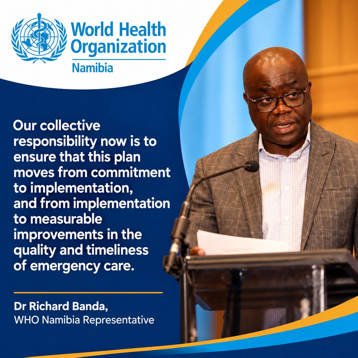 WHONAMIBIA's tweet photo. The @MhssNamibia , with technical support from @WHONAMIBIA , brought together stakeholders in Windhoek for the National Consolidation Workshop on the Emergency Care System Assessment and Development of Namibia’s National Emergency Care Action Plan.

The objective: review progress since the 2022 roadmap, address remaining gaps and shape one nationally owned Emergency Care Action Plan for 2027–2031, with clear priorities, responsibilities, timelines, financing needs and measurable results.

Over five days, participants consolidated 13 priorities into nine, strengthening the focus on coordinated services, emergency care data and quality, and preparedness for mass-casualty incidents.

The goal is to translate these commitments into faster access to care, more effective referrals, better-supported health workers and fewer preventable deaths and disabilities.

WHO remains committed to supporting Namibia to finalise the plan and move towards implementation.

Explore the cards for reflections from speakers and participants on strengthening emergency care for everyone in Namibia.

#EmergencyCare #HealthForAll