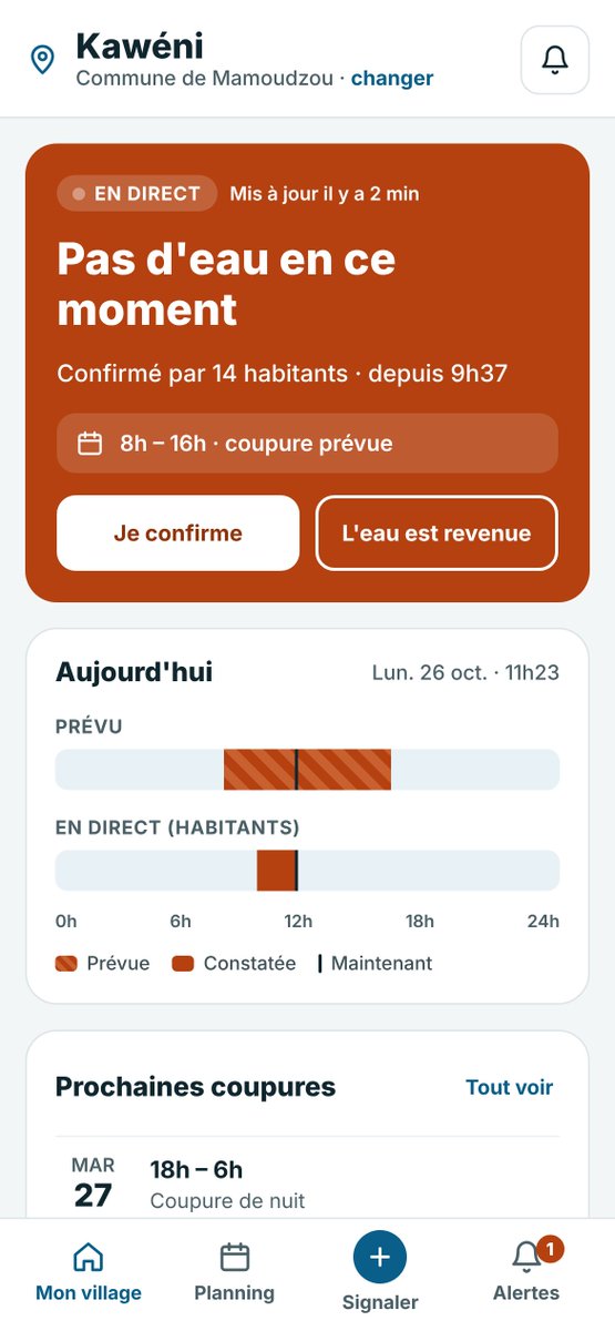 PintadeSauvage's tweet photo. Salut les mahorais ça fait longtemps je me faisais un peu chier du coup j’ai codé une appli pour les coupures d’eau Tu choisis ton village, tu vois le planning des coupures et ce que les voisins signalent en direct. Encore en bêta, Vous en pensez quoi ? Vous voulez ajouter quoi ? https://t.co/mdl8COjdZU