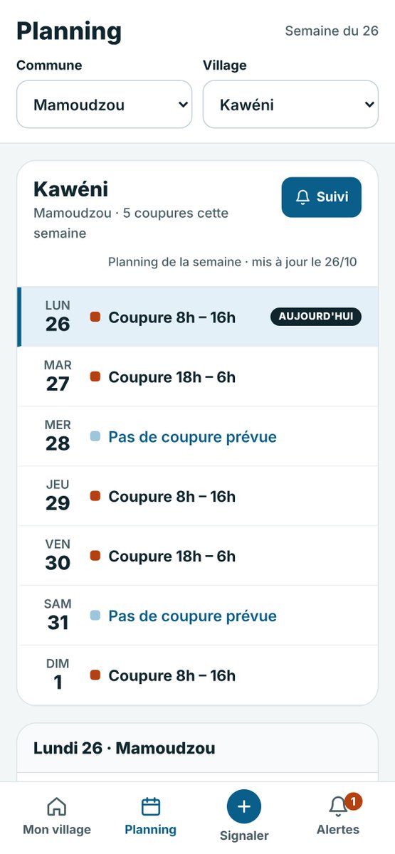 PintadeSauvage's tweet photo. Salut les mahorais ça fait longtemps je me faisais un peu chier du coup j’ai codé une appli pour les coupures d’eau Tu choisis ton village, tu vois le planning des coupures et ce que les voisins signalent en direct. Encore en bêta, Vous en pensez quoi ? Vous voulez ajouter quoi ? https://t.co/mdl8COjdZU