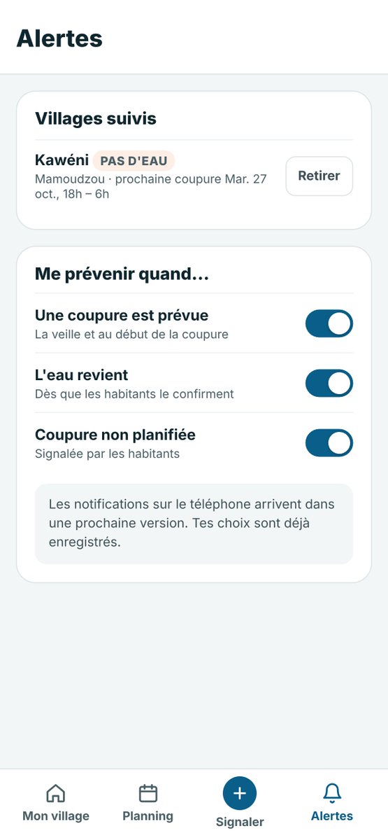 PintadeSauvage's tweet photo. Salut les mahorais ça fait longtemps je me faisais un peu chier du coup j’ai codé une appli pour les coupures d’eau Tu choisis ton village, tu vois le planning des coupures et ce que les voisins signalent en direct. Encore en bêta, Vous en pensez quoi ? Vous voulez ajouter quoi ? https://t.co/mdl8COjdZU