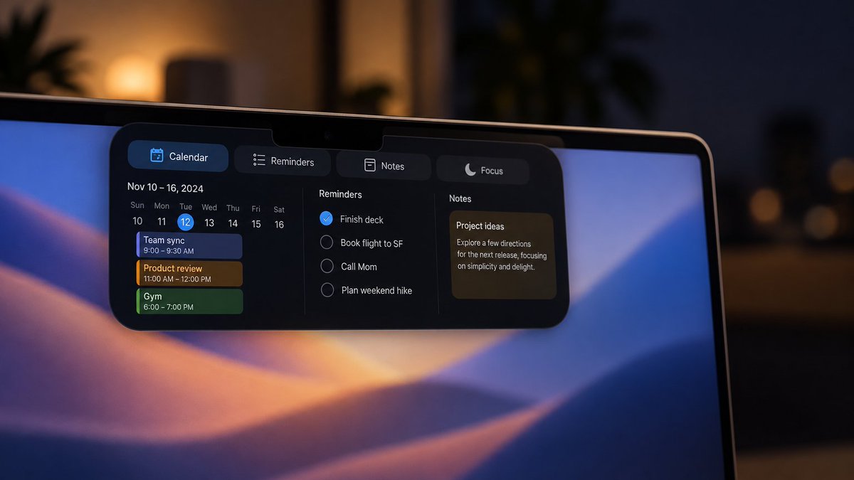 buildwithvenkey's tweet photo. 3 apps open all day for one job: Calendar, Reminders, Notes.

So I moved all 3 into my MacBook notch.

Hover → week, to-dos, notes, focus timer.
Type "dentist tue 4pm" → it lands in Calendar.

Native Swift. No account. $20 once.

https://t.co/7oPuMUuMbH

#buildinpublic #indiehacker #macOS
