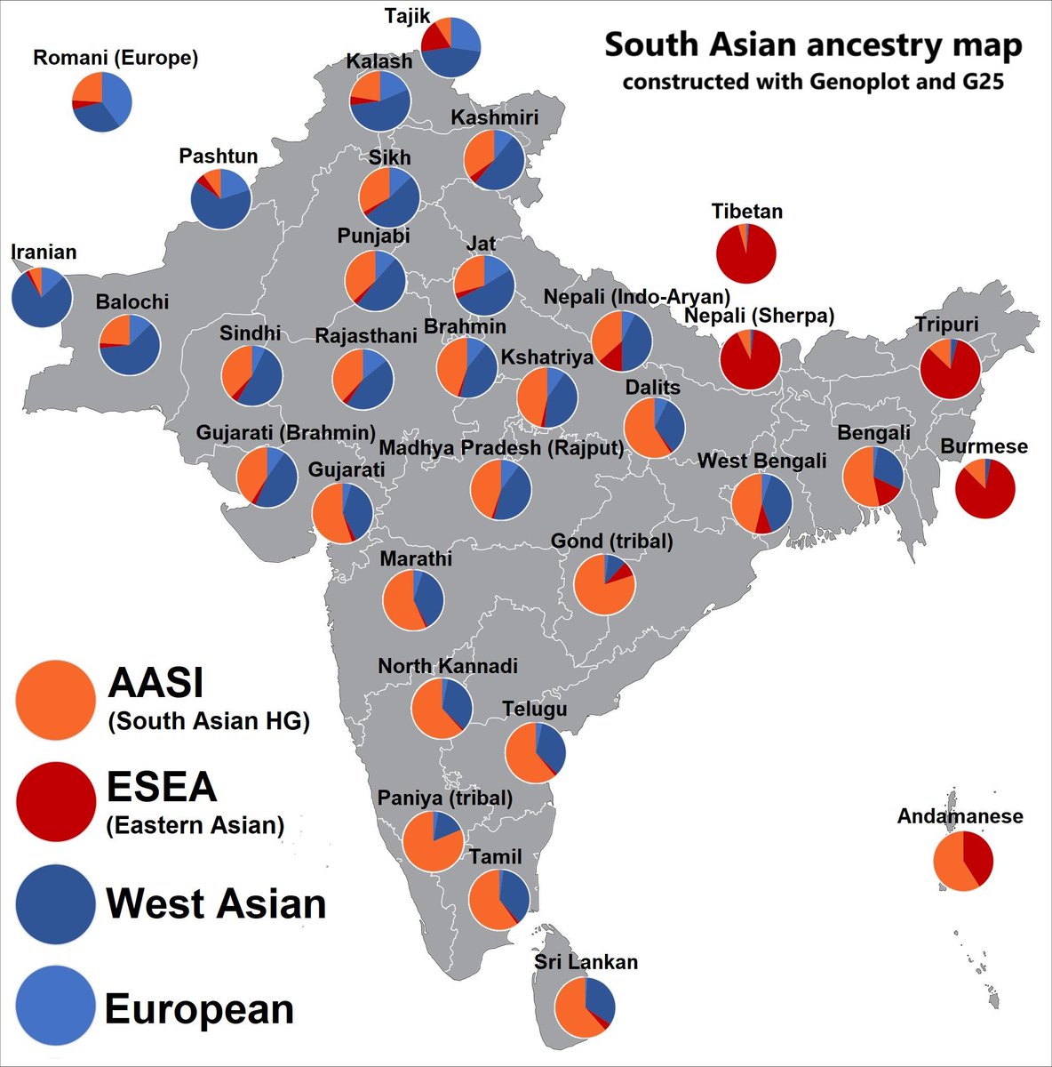 Joy_Nanda24's tweet photo. AASI - Ancient Ancestral South Indian (South Asian hunter-gatherer)
ESEA - East/Southeast Asian (Eastern Asian)
West Asian - Iranian Neolithic farmers (Zagros-related)
European - Steppe-related (Western Steppe Herders)

#AASI #SteppeAncestry #EastAsian #Zagros https://t.co/AcSfY5jL40