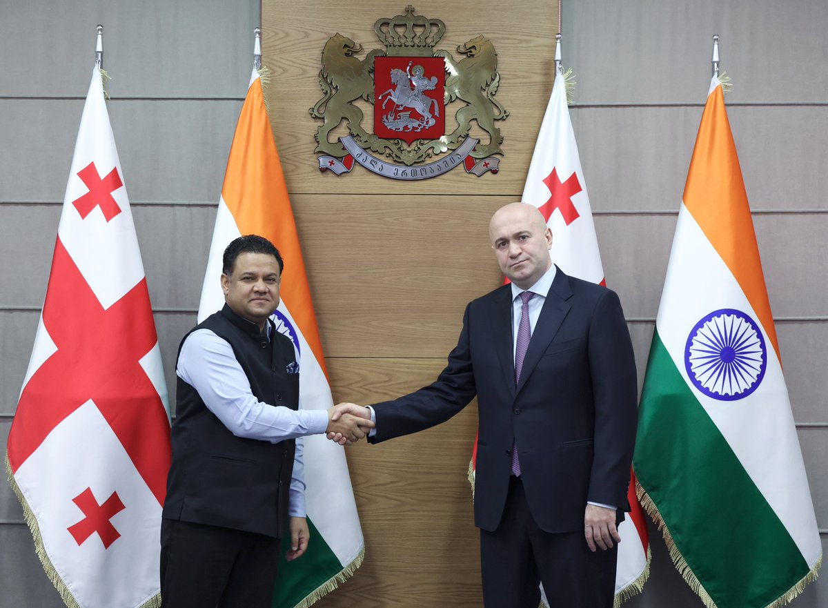 IndEmbGeorgia's tweet photo. Ambassador Amit Kumar Mishra called on Minister of Internal Affairs of Georgia H.E. Mr. Sulkhan Tamazashvili on 23 October 2026. 

The discussions focused on bilateral relations and cooperation in the fields of law enforcement. Both sides agreed to work to strengthen institutional linkages between the relevant agencies of both countries.

The Ambassador thanked the Minister and police agencies for providing a safe environment to Indian students and diaspora in Georgia. The Minister also briefed the Ambassador on the Ministry’s activities and priority areas.   🇮🇳🤝🇬🇪

2026 წლის 23 ოქტომბერს ინდოეთის ელჩი, ამიტ კუმარ მიშრა საქართველოს შინაგან საქმეთა მინისტრს, სულხან თამაზაშვილს შეხვდა.

შეხვედრაზე მხარეებმა ორმხრივი ურთიერთობები და სამართალდამცავ სფეროში თანამშრომლობის საკითხები განიხილეს. მათ ხაზი გაუსვეს ორი ქვეყნის შესაბამის უწყებებს შორის ინსტიტუციური კავშირების გაძლიერების მნიშვნელობას.

ელჩმა მადლობა გადაუხადა მინისტრსა და პოლიციის წარმომადგენლებს საქართველოში მყოფი ინდოელი სტუდენტებისა და დიასპორისთვის უსაფრთხო გარემოს უზრუნველყოფისთვის. თავის მხრივ, მინისტრმა ელჩს შინაგან საქმეთა სამინისტროს მიმდინარე საქმიანობა და პრიორიტეტული მიმართულებები გააცნო. 🇮🇳🤝🇬🇪

#IndiaGeorgia #IndiaGeorgiaRelations #IndiaInGeorgia #Diplomacy #LawEnforcement #BilateralCooperation #Georgia #india 

@MEAIndia  @IndianDiplomacy  @HMOIndia  @MIAofGeorgia  @MFAgovge