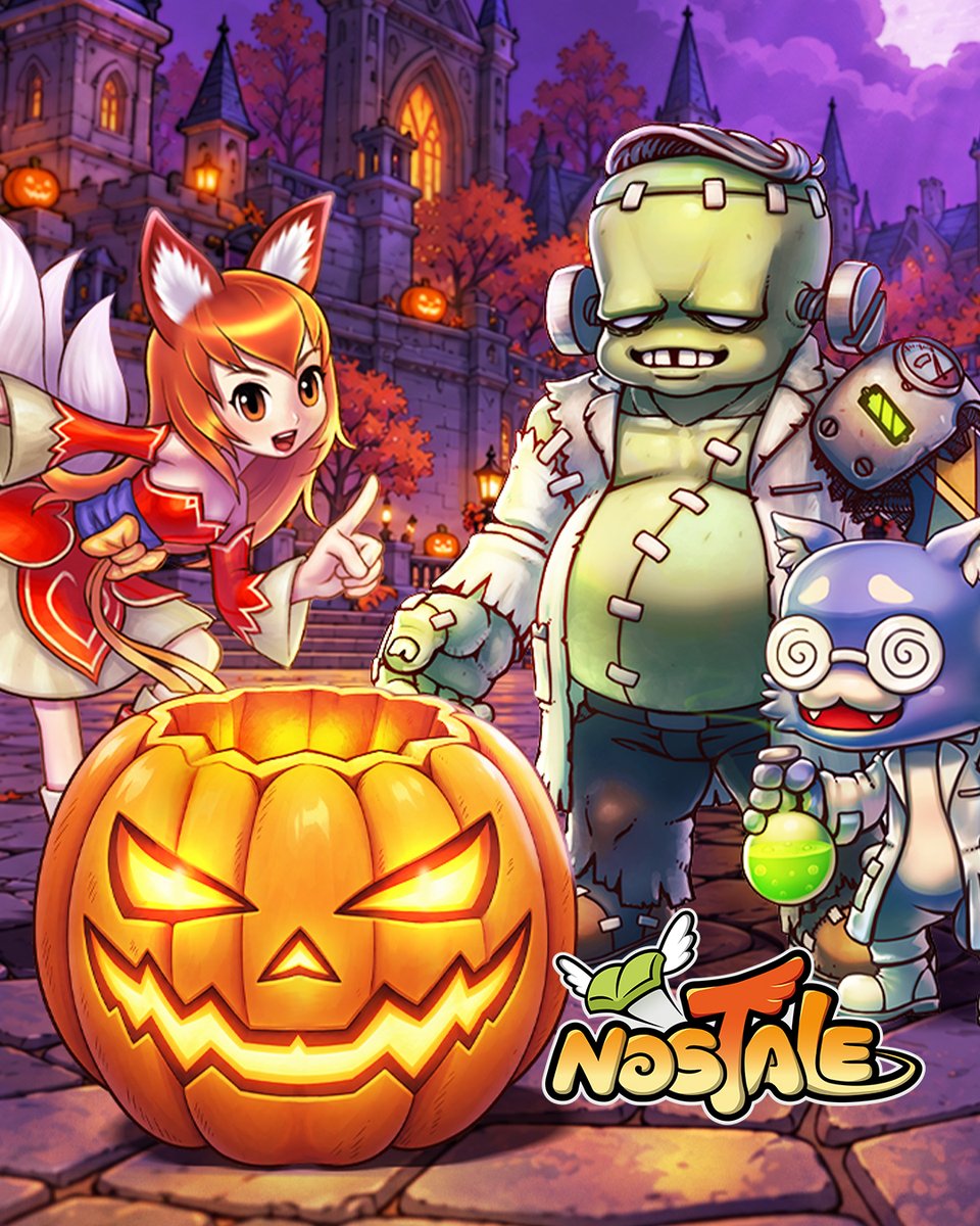 NosTale's tweet photo. From 28th October to 18th November 2026, the mad Professor Macavity, Foxy and Jack O’Lantern will be causing all sorts of creepy mayhem in NosTale! 
Additional quests and a title are also waiting for you!

https://t.co/dZP9Bq9U6y

Play NosTale now:
https://t.co/Q6xVzEiWBu https://t.co/lwvrEve1Z7