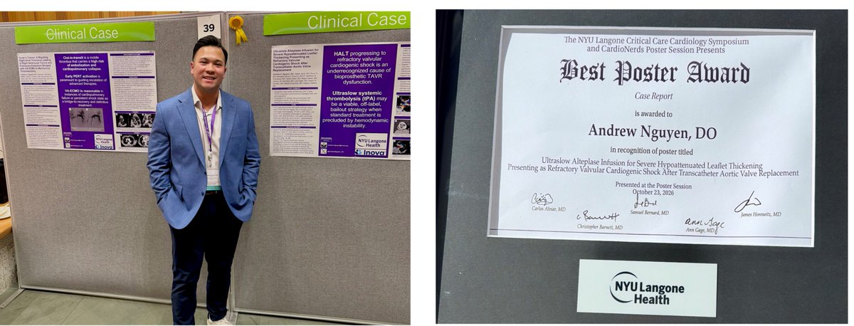 ISHVnews's tweet photo. Proud of our Superstar Fellow, @AndrewNguyen_DO. Winner of Best Poster award at 6th Annual NYU Langone Critical Care Cardiology Symposium

 “Ultraslow Alteplase Infusion for Severe HALT Presenting as Refractory Valvular Cardiogenic Shock After TAVR”

Selected from 100+ submissions!