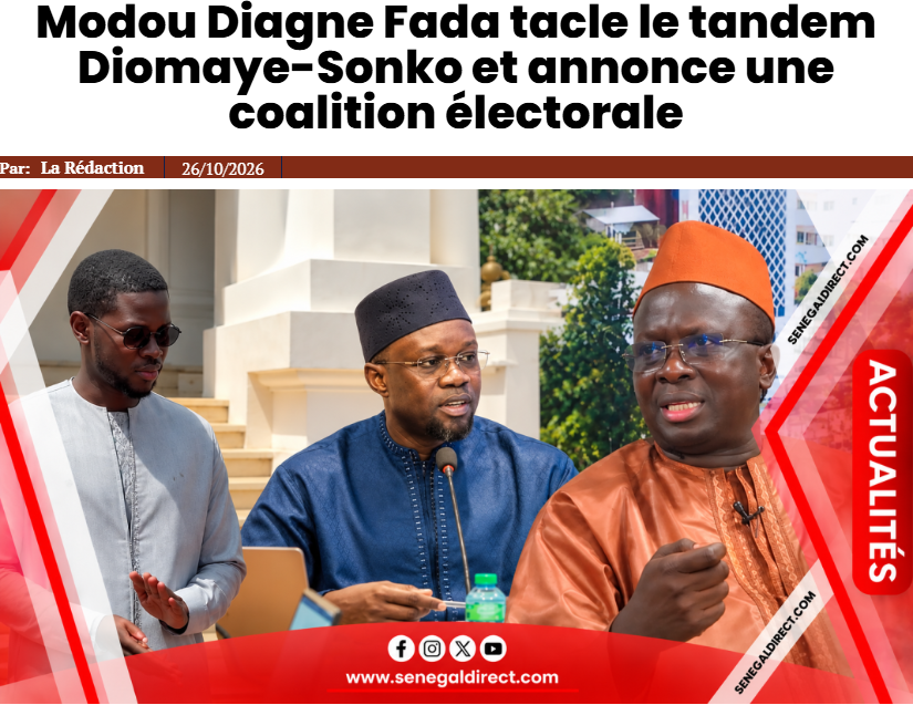 senegaldirect's tweet photo. Modou Diagne Fada tacle le tandem Diomaye-Sonko et annonce une coalition électorale https://t.co/HpPwOIuOAz via @Senegal Direct  #SenegalDirect #ModouDiagneFada #FDR #DiomayeFaye #OusmaneSonko #PolitiqueSénégalaise #Élections2027 #Tivaouane #ActualitéSénégalaise https://t.co/pj1xvnRH0J