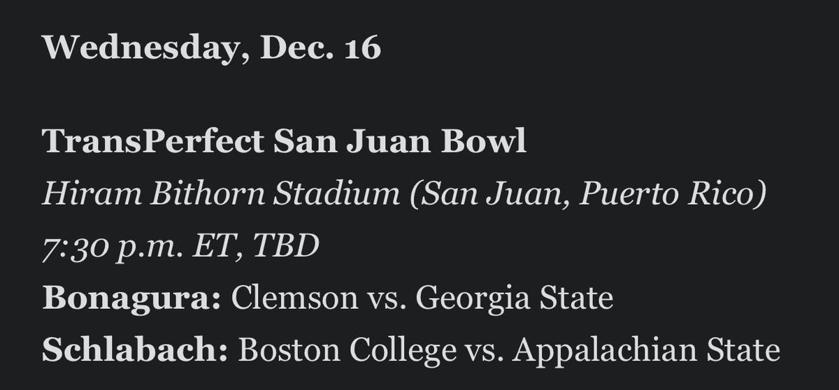 gray_mann21's tweet photo. ESPN’s latest bowl projection has Clemson in Puerto Rico for the San Juan Bowl, a new bowl game for 2026.

The Tigers would face Georgia State. https://t.co/3bELavVZRb