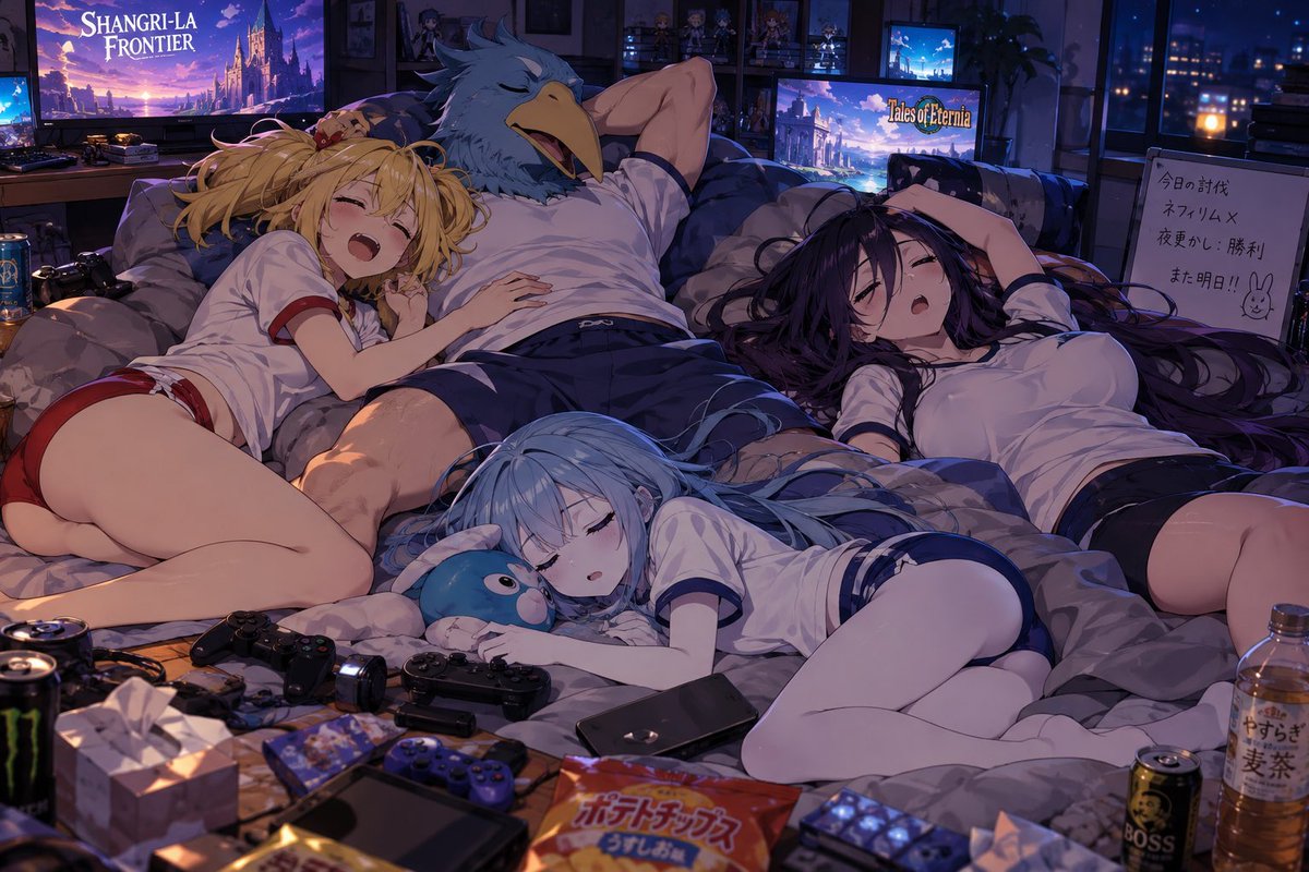 goldjinkan's tweet photo. 📖 第1話はこちら
👇
https://t.co/m7ycHlv25j

🎮🌙【深夜のゲーマーたち、ついに全滅！？】

夜通しネットゲームに熱中した4人！

🐦 サンラク
⚔️ オイカッツォ（女体アバター）
🖤 アーサー・ペンシルゴン
❄️ セルシウス

激闘の果てに待っていたのは……まさかの雑魚寝🤣💤

最強のゲーマーたちも睡魔には勝てなかった！

『乂阿戦記』第7部の強敵たちをイメージした一幕✨

#乂阿戦記 #小説家になろう