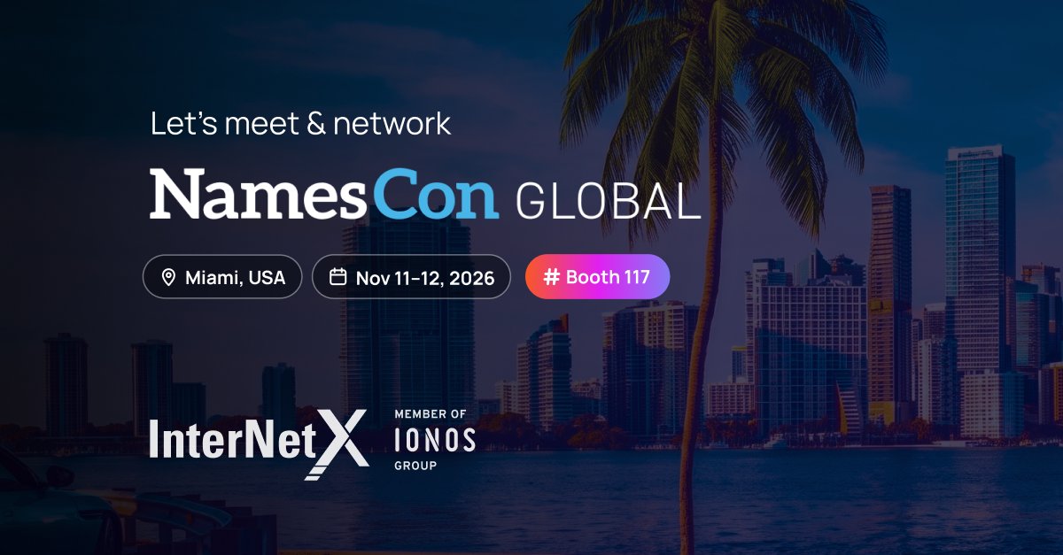 InterNetX's tweet photo. Manage thousands of domains. As easy as one.

InterNetX is taking over Miami for #NamesCon Global 2026 (Nov 11–12)! Meet our team at Booth #117 to explore next-level domain management and AutoDNS.

See you there!

#InterNetX #Domains https://t.co/iLQbkv3TWb
