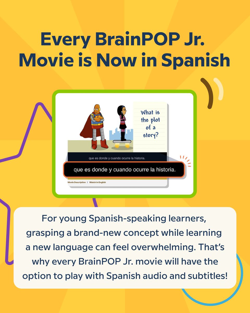 brainpop's tweet photo. Now, every BrainPOP Jr. (K-3) movie plays in Spanish, giving multilingual learners a shared entry point before English practice, and Live Mode quizzes give every student space to think it through and make connections together. https://t.co/GLG1nbJvt4