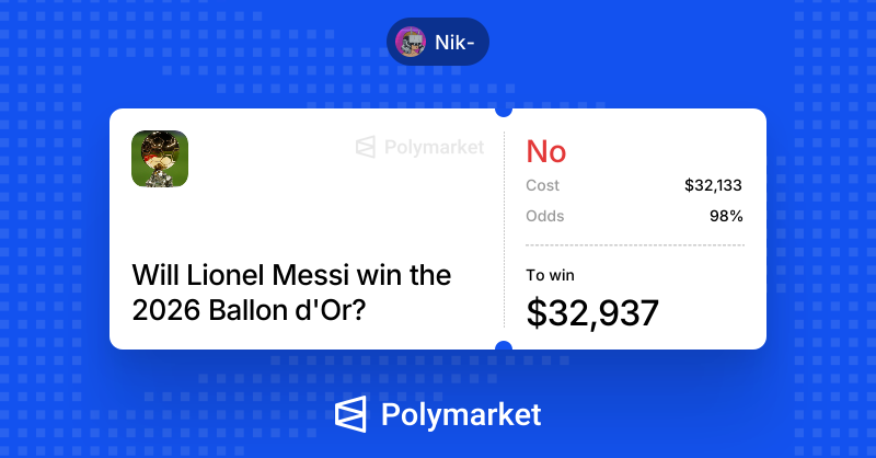 Nik_Poly's tweet photo. I am risking $32,133 to profit $800 on Messi NOT winning the Ballon d'Or🔥

You can stay home @Messi, you are not winning it. https://t.co/JueVqleLVl