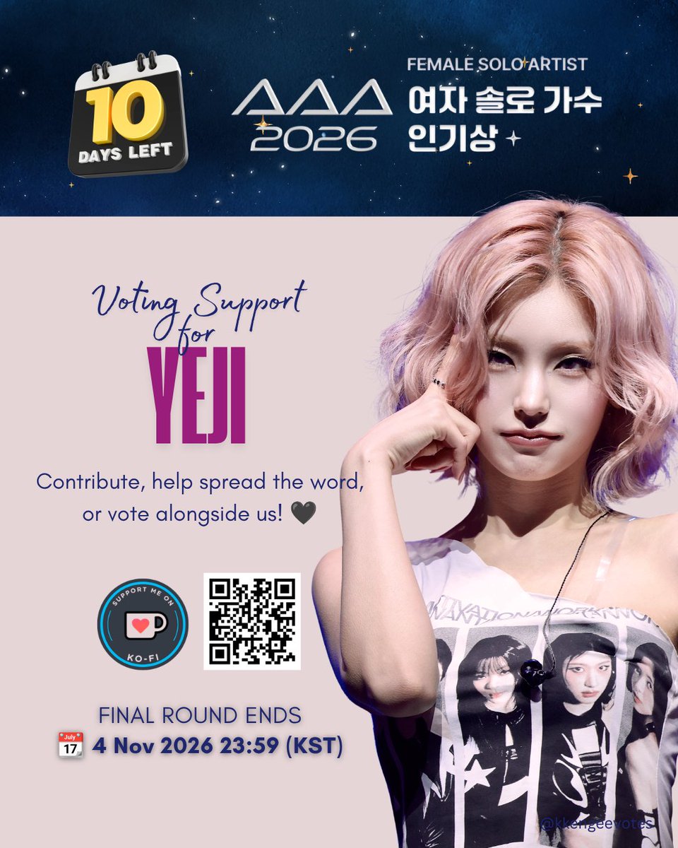 kkengeevotes's tweet photo. 🏆 AAA FINAL ROUND 🏆

📅 10 DAYS LEFT!

Let’s give it everything we’ve got and make every day count! Every bit of support brings us one step further. We’re in this together, let’s keep the momentum going and stand strong for Yeji until the very end! 🖤🐈‍⬛

Fund support:
🔗 https://t.co/YGXIqKKV64