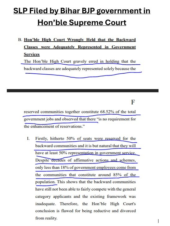 neha_laldas's tweet photo. Never judge a political party by what it says on social media.
Judge them by what they say in the courts.

This is BJP govt asking for 85% reservation in Bihar in Supreme Court👇 https://t.co/c3WuEGm8si