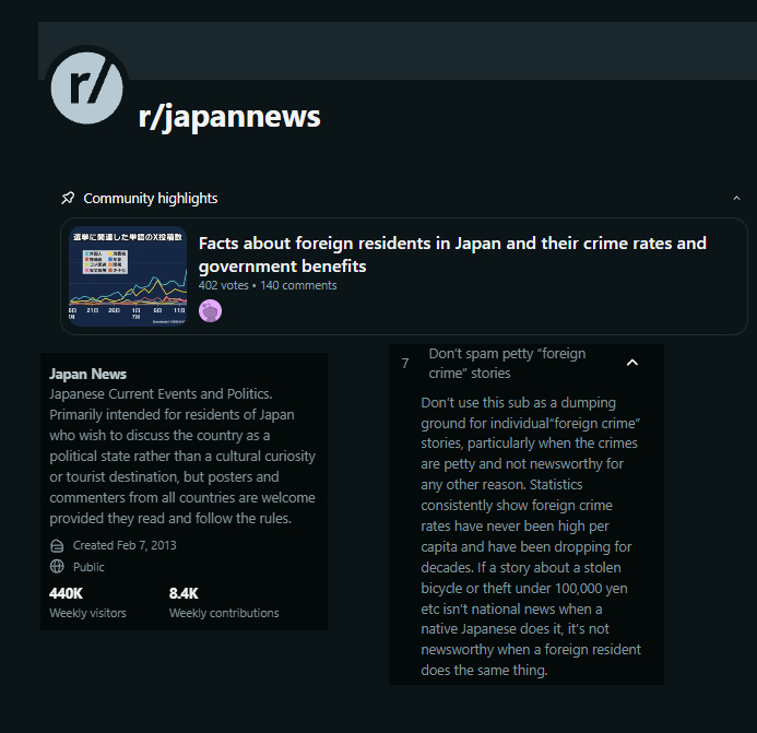 GusevP14765's tweet photo. @Katsuragi356420 Yeah that's reddit. For example, there is a subreddit here about Japan news which moderated by an Indian  living in Japan. He bans anyone who posts news about foreigners committing crimes, while he himself loves posting nes from leftist media and opinions of other expats in Japan https://t.co/JO2W2IdP0b