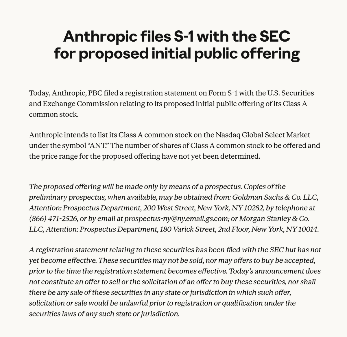 TheTranscript_'s tweet photo. Anthropic has filed its S-1 with the SEC for a proposed IPO, potentially one of the largest listings in history:

$ANT

Link: https://t.co/7SLmhQxTen https://t.co/j6zwvEetQ5