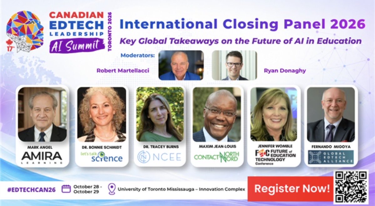 JenWomble's tweet photo. 🇨🇦Canada's #EdTech & #Al Leaders Are Coming Together this week! Excited to present on the international keynote panel! "Leading with Al for Good: Advancing Human Flourishing"

Global & Canadian Thought Leaders: Featuring Andreas Schleicher, Hon. Evan Solomon, Dr. Michael Fullan, Dr. Lev Gonick, Dr. Tracey Burns, Dr.Tom D'Amico, Dr. Bonnie Schmidt, Dr. Peter Balyta, Jennifer Womble, Steve Brown, Dr. Steve, Joordens,
Dr. Gina Cherkowski, and many more Global influential voices across K-12, postsecondary, government, and industry.

17th Canadian EdTech Leadership Al Summit
17 October 28-29, 2026
University of Toronto Mississauga
@robertmartella2 MA EdTech 
@MindShareLearn @fetc