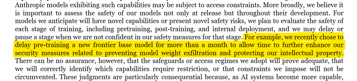 scaling01's tweet photo. Anthropic says they have recently delayed the pre-training of a new frontier model https://t.co/ImypRGUyos