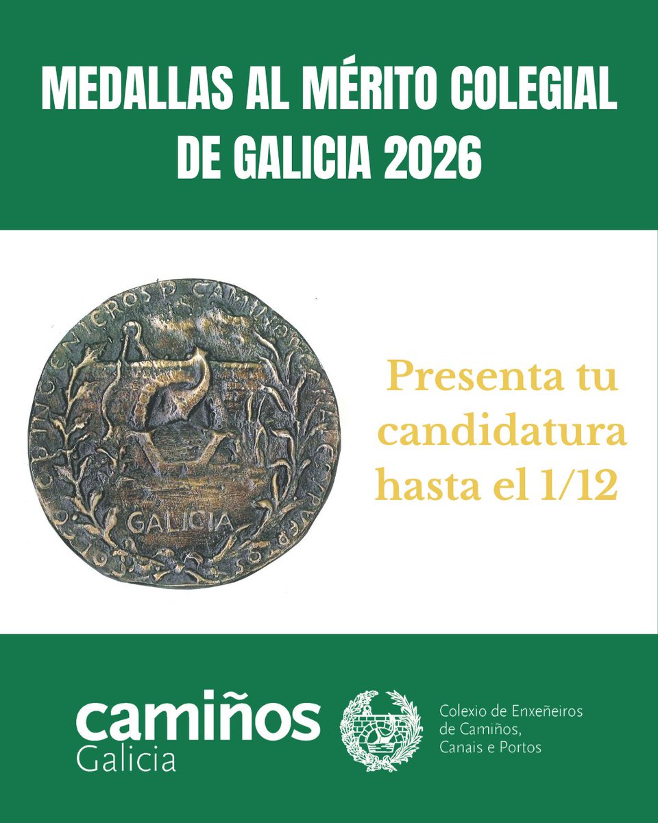 CICCPGalicia's tweet photo. 📢 Ampliamos o prazo para presentar candidaturas ás Medallas ao Mérito Colexial de Galicia 2026! 
🏛️🏅Recoñece a traxectoria e o labor dos teus compañeiros de profesión.
🗓️ Nova data límite: 01/12/2026 (ata as 9:00 h) https://t.co/CNJ6GirWjK
#CamiñosGalicia #Medallas #Profesión https://t.co/ihVJF8vgSI