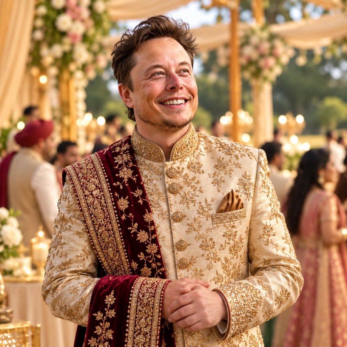 Thevisionht's tweet photo. 💍✨ Elon Musk in traditional wedding attire! ❤️

How does he look?

🅰️ Handsome 😍
🅱️ Not my style 👎 https://t.co/yyMp5irmtS