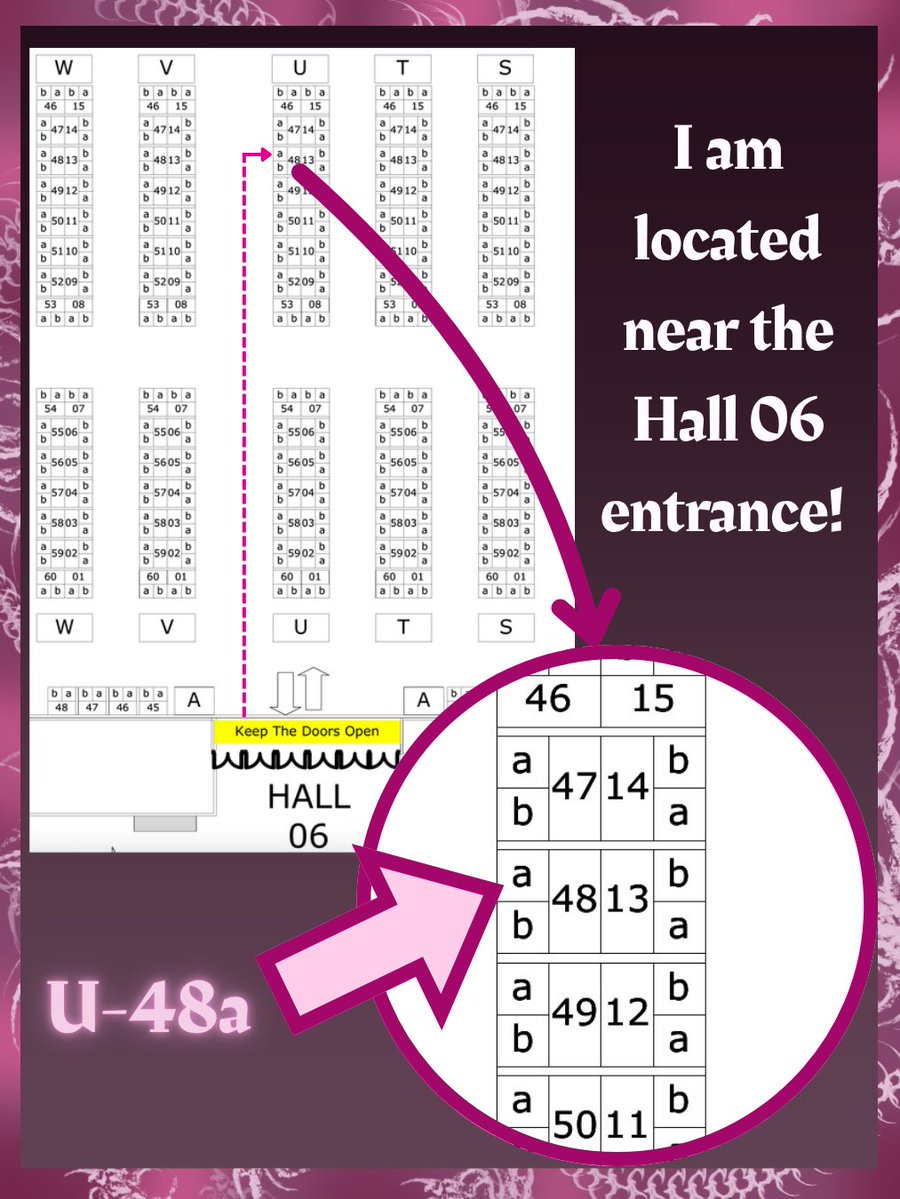 Araythss's tweet photo. (5/5) 📍Info about my table and whereabouts ˚₊·—̳͟͞͞♡

Surprisingly i’m close to the Hall 6 entrance! 

And i’ll be seeing you all in a few days 𓁹‿𓁹 ʰᵉʰ⋅

Stay sanely crazy!

I’m sharing a space with this goober @0serenna_ https://t.co/3SiE1UDvNz