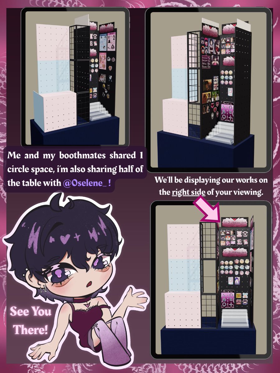 Araythss's tweet photo. (5/5) 📍Info about my table and whereabouts ˚₊·—̳͟͞͞♡

Surprisingly i’m close to the Hall 6 entrance! 

And i’ll be seeing you all in a few days 𓁹‿𓁹 ʰᵉʰ⋅

Stay sanely crazy!

I’m sharing a space with this goober @0serenna_ https://t.co/3SiE1UDvNz