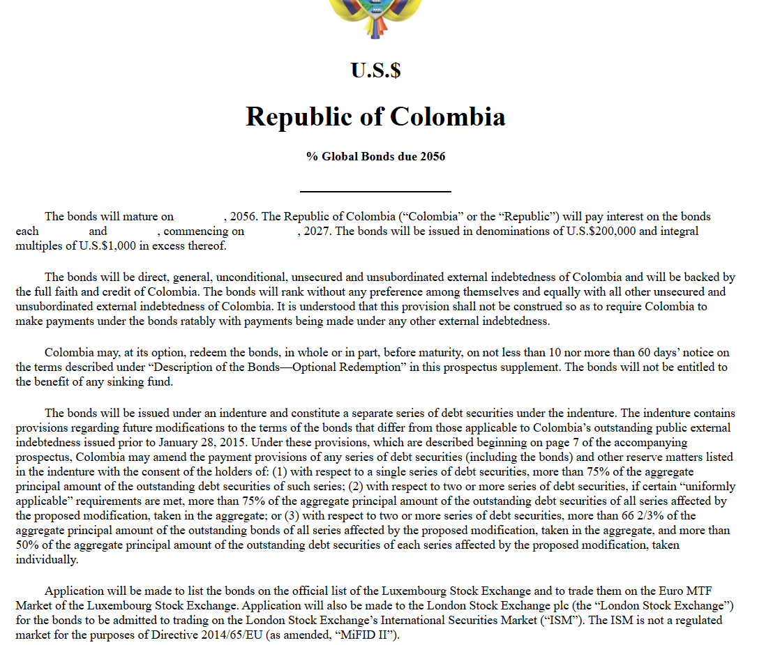 larepublica_co's tweet photo. #Atento | Colombia prepara una nueva emisión de bonos globales en el mercado internacional. Así lo dio a conocer el gobierno mediante notificación oficial ante la Comisión de Bolsa y Valores de Estados Unidos https://t.co/SaJu2Dtdue