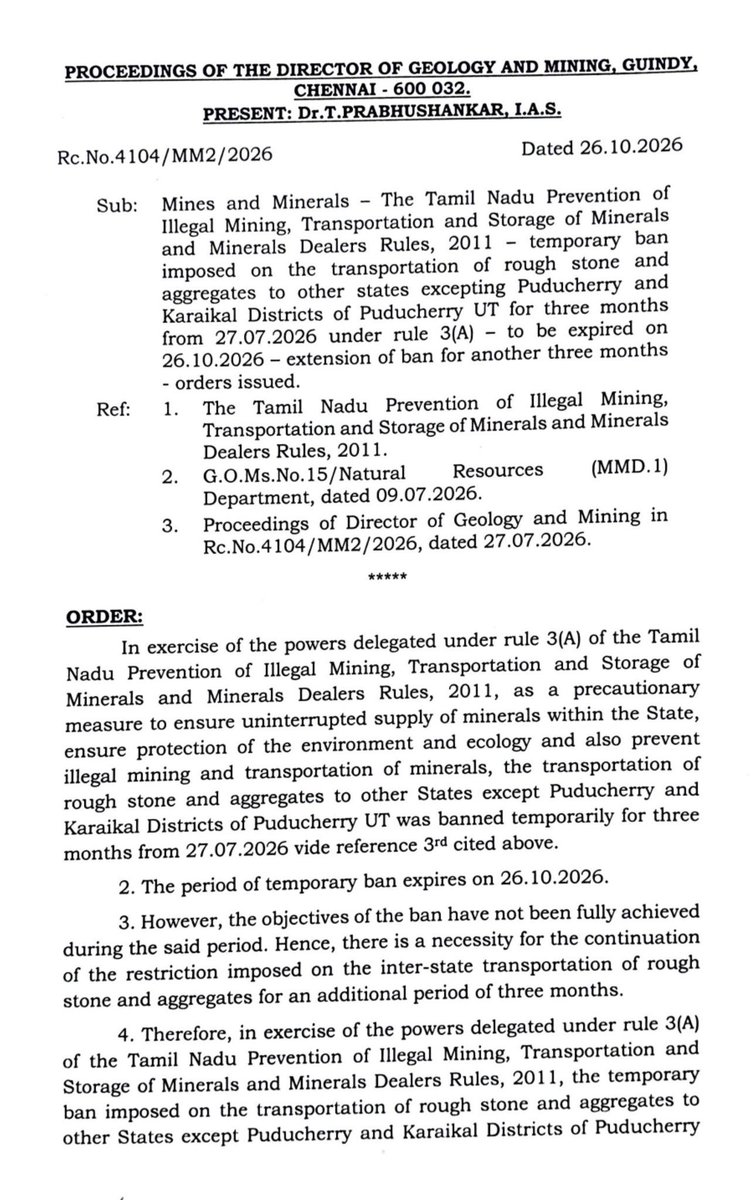 omjasvinMD's tweet photo. Tamil Nadu govt has extended ban on transporting minerals, including ordinary stones, jelly stones and M-Sand, from Tamil Nadu to other states for three more months. https://t.co/7xawcDlHXi