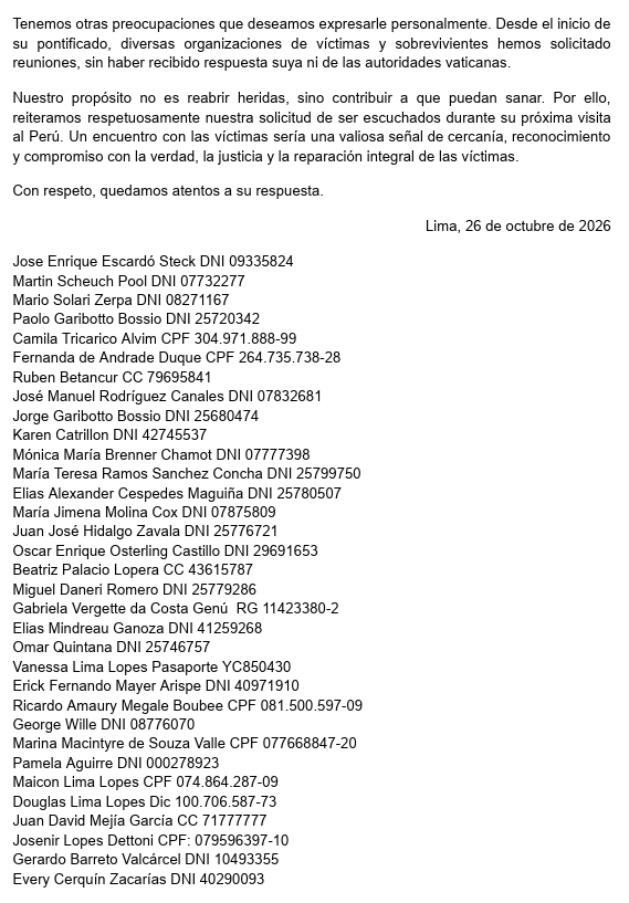 ScheuchMartin's tweet photo. Carta abierta al papa León XIV de los sobrevivientes y víctimas del Sodalicio https://t.co/WHqSXKIMxV