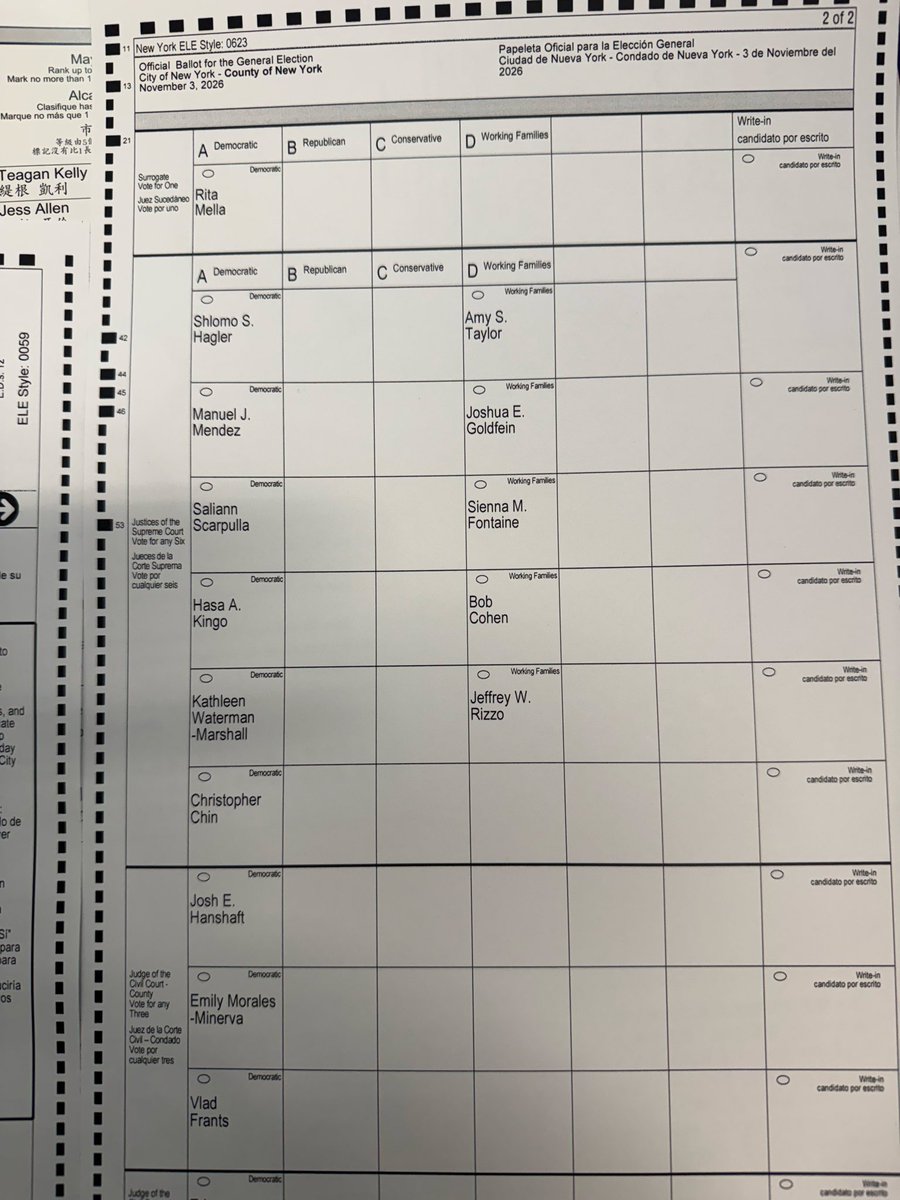 mayemusk's tweet photo. In case anyone in New York City is confused, the second page of voting looks like my attachment. There are no Republican nominees. I asked @bot to explain this. It seems that this page has judicial races in Manhattan and there are only Democrat judges. The Republican party didn’t nominate anyone. 
Also, I can post this page as it is blank. It’s illegal to post your voting page if you have voted. 
Learning every day…..