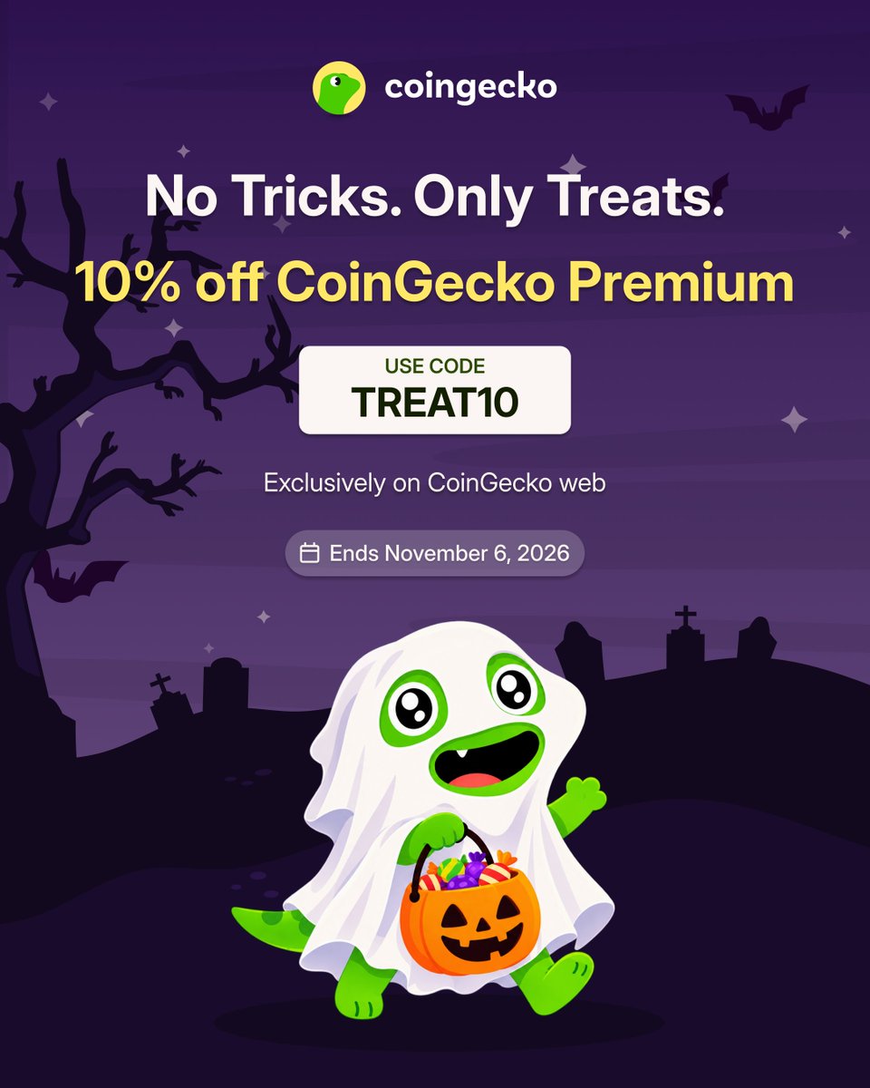 coingecko's tweet photo. A little Halloween treat, from us to you 🎃

For the first time ever, we're offering 10% off CoinGecko Premium.

Use code TREAT10 by November 6.

👉 https://t.co/LOEWcvDFpV https://t.co/bunHJDbQil