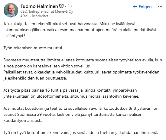 RMLeppanen's tweet photo. Menevä-taksiyhtiön toimitusjohtaja analysoi taksiraiskauksia. 
- Suomen yhteiskunnan tavat ja normit jäävät oppimatta, koska kotoutumista ei tehdä kunnolla.

Tarkoittaako tämä, että tulijoiden omassa maassa asiakkaan raiskaaminen on osa normaalia asiakaskokemusta sekä kulttuuria? Jos näin, niin miksi kyseisten maiden "edustajia" tuodaan Suomeen? 

"Ei kotoutettu tarpeeksi, niin päätin raiskata asiakkaan" 
- Suomi 2026 -
