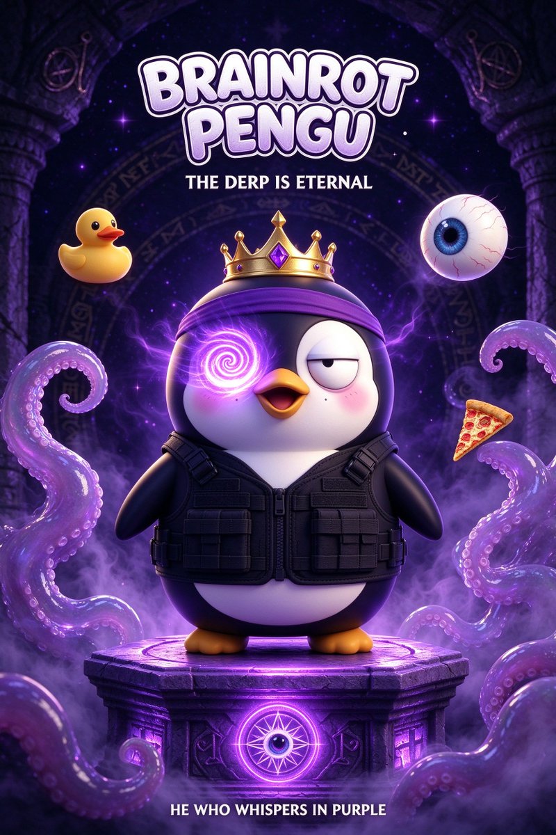 BrainRotPengu_'s tweet photo. Brainrot Pengu The derp is eternal. He who whispers in purple. Reality melts where his gaze lands.

#BrainRotPengu https://t.co/uAoCMWMvYi