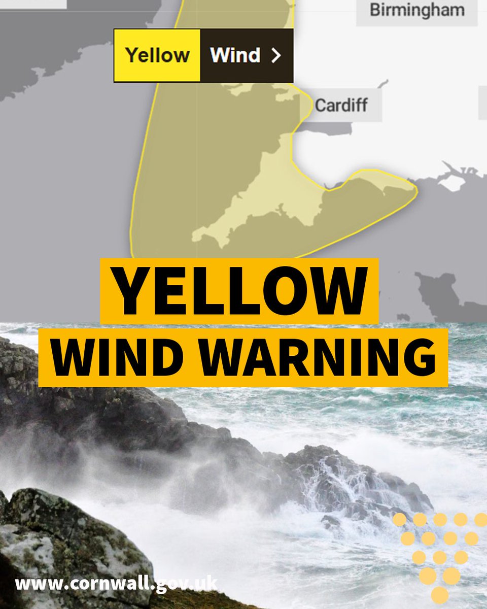 CornwallCouncil's tweet photo. More strong winds are on the way. A yellow weather warning is in place for Cornwall from 6pm today until 3am on Tuesday.

Large waves, travel disruption and further power cuts are possible. Take extra care, check travel updates before setting off and look out for others. https://t.co/LLDIOHNXJ5