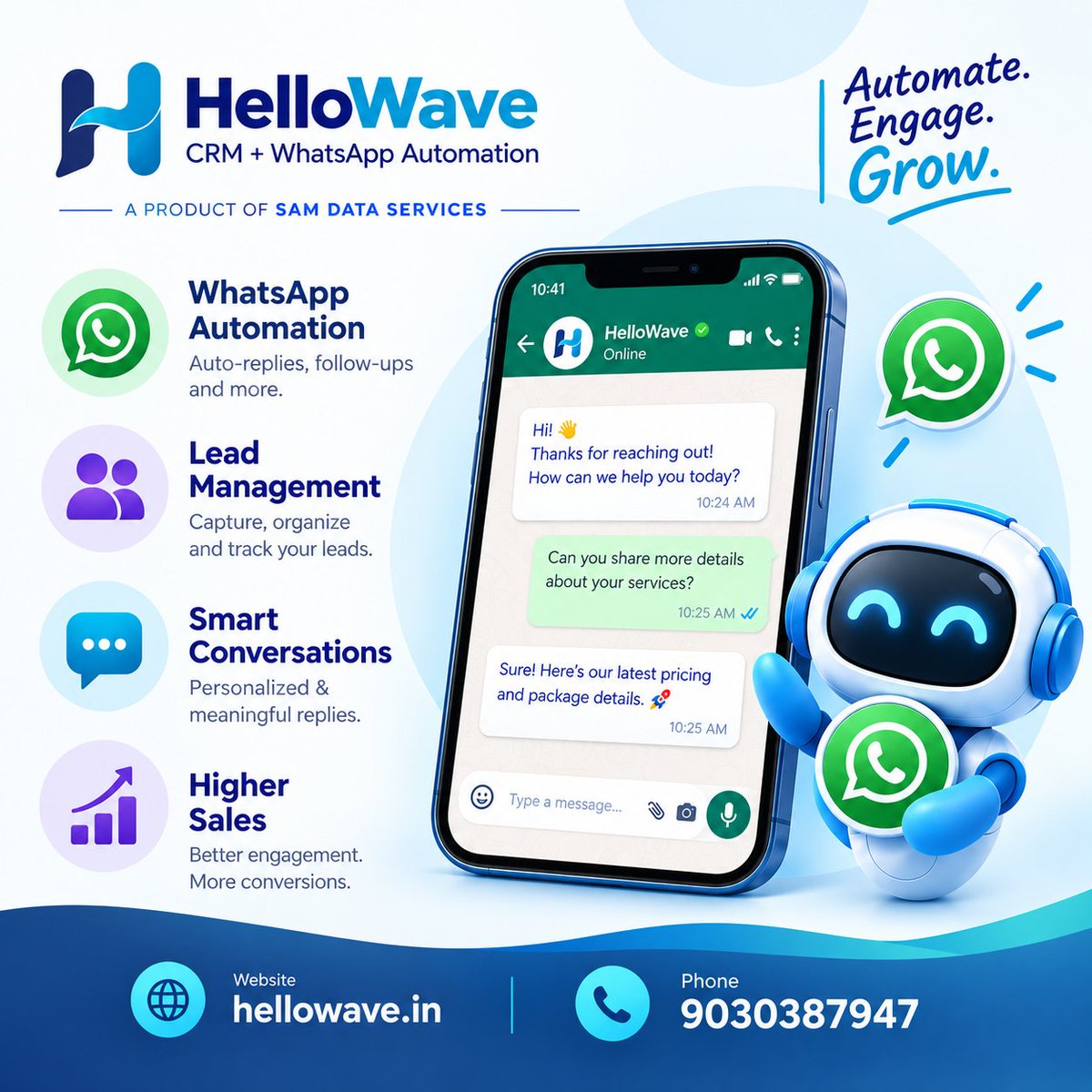SamDataServices's tweet photo. Automate replies, follow up with leads, and manage customer conversations with HelloWave CRM + WhatsApp Automation.
π 9030387947 | https://t.co/HnsJYXyLt9
#HelloWave #WhatsAppAutomation #CRMSoftware #LeadManagement #SamDataServices https://t.co/usxNquKoWW