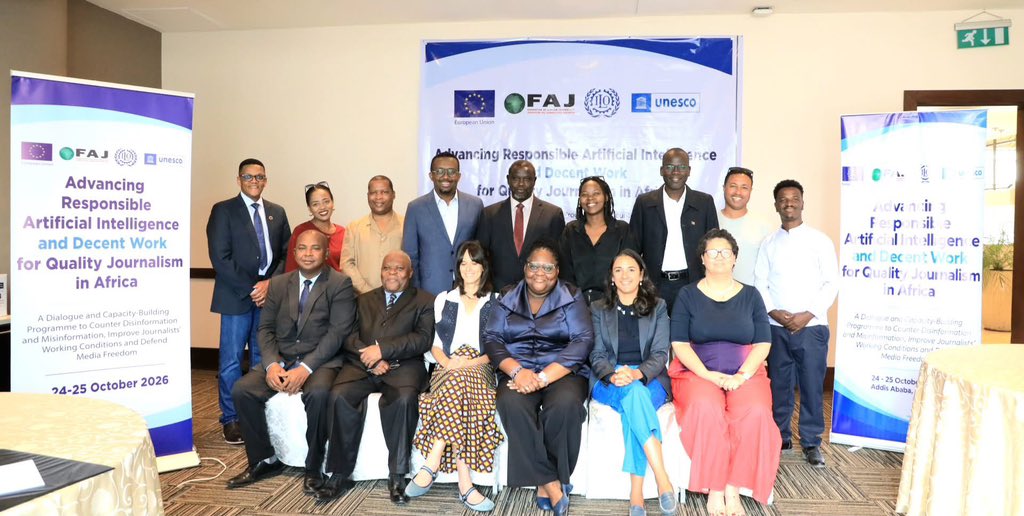 FAJafrica's tweet photo. Responsible Artificial Intelligence (AI) and decent working conditions for journalists go hand in hand.

On 24-25 October 2026, the Federation of African Journalists (@FAJafrica) brought journalist leaders from across Africa together in Addis Ababa, Ethiopia, to discuss the responsible use of AI, how to tackle disinformation and ways to advance decent work for journalists.

With the support of its cooperating partners, @UnescoEast, the International Labour Organization (@ILO) and the European Union (EU), and with the direct engagement of the African Union Commission (AUC), @FAJafrica concluded the dialogue with the adoption of an action plan to advance decent work, quality journalism and responsible AI across Africa.
