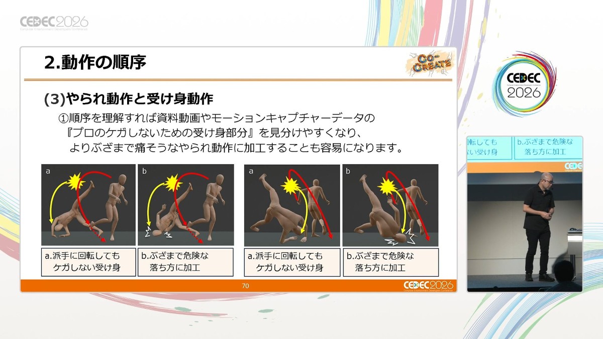 GameMakersJP's tweet photo. ダメージリアクションの極意を『鉄拳』モーションデザイナーが語る【CEDEC2026】
https://t.co/OdiD9YRjpZ

重心が崩れてよろめく挙動など、格ゲーの「やられ動作」を生体力学から分析。
攻撃を受けた箇所を先に動かして足先を追従させることで、受け身なしの痛烈なダメージを表現する手法などを紹介 https://t.co/X9Rlq4kakn
