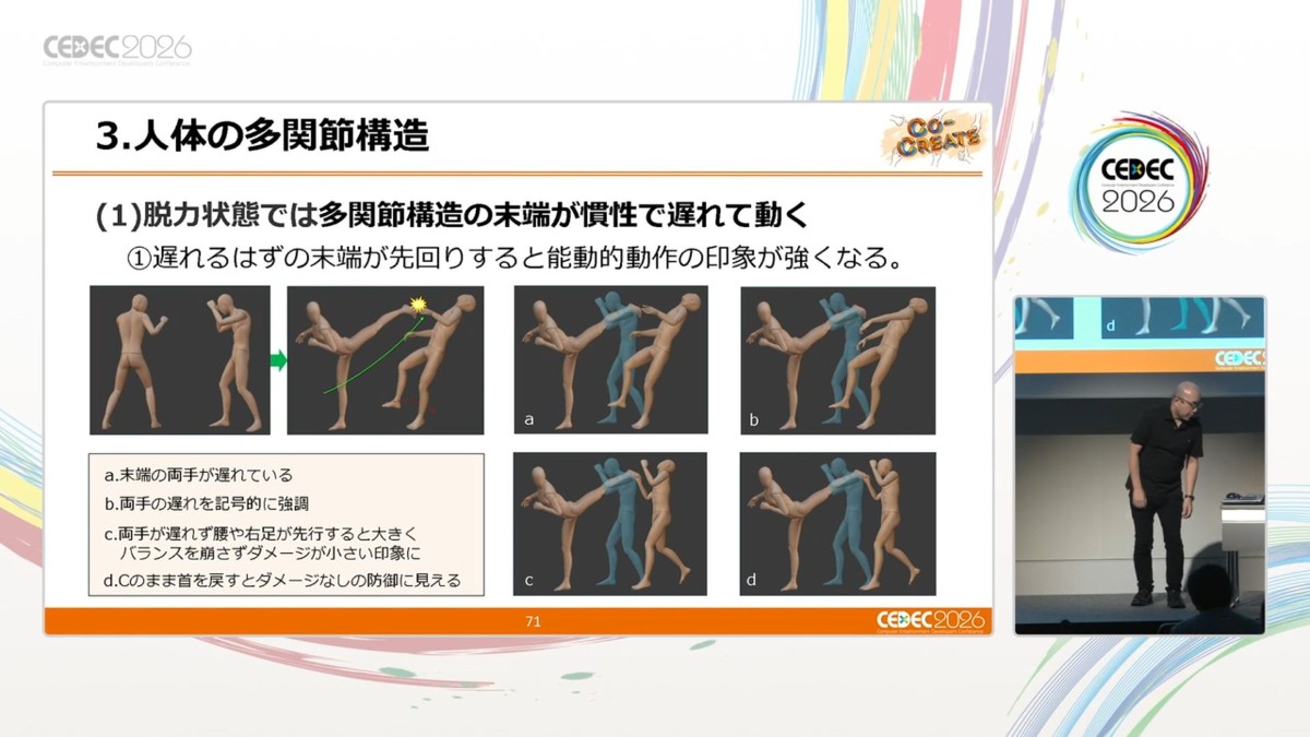 GameMakersJP's tweet photo. ダメージリアクションの極意を『鉄拳』モーションデザイナーが語る【CEDEC2026】
https://t.co/OdiD9YRjpZ

重心が崩れてよろめく挙動など、格ゲーの「やられ動作」を生体力学から分析。
攻撃を受けた箇所を先に動かして足先を追従させることで、受け身なしの痛烈なダメージを表現する手法などを紹介 https://t.co/X9Rlq4kakn