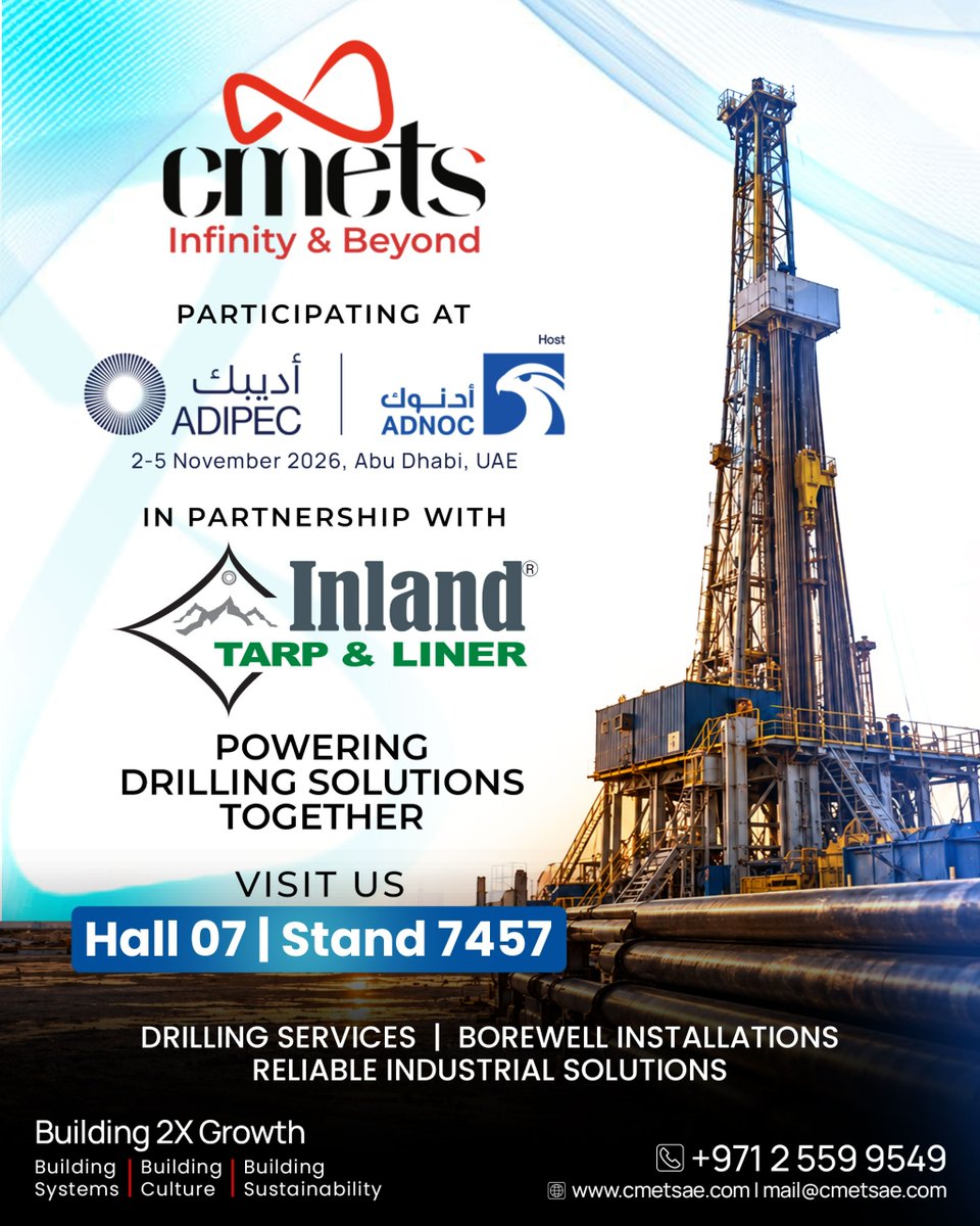 CmetsFze's tweet photo. CMETS Energy is proud to participate in ADIPEC 2026 in partnership with Inland Tarp &amp; Liner, bringing together expertise and reliable solutions to support the evolving needs of the energy industry.
CMETS Energy × Inland Tarp &amp; Liner
🌐 https://t.co/0DZ84wvB0I 
📞 +971 2 559 9549 https://t.co/AxZVmUSZlI
