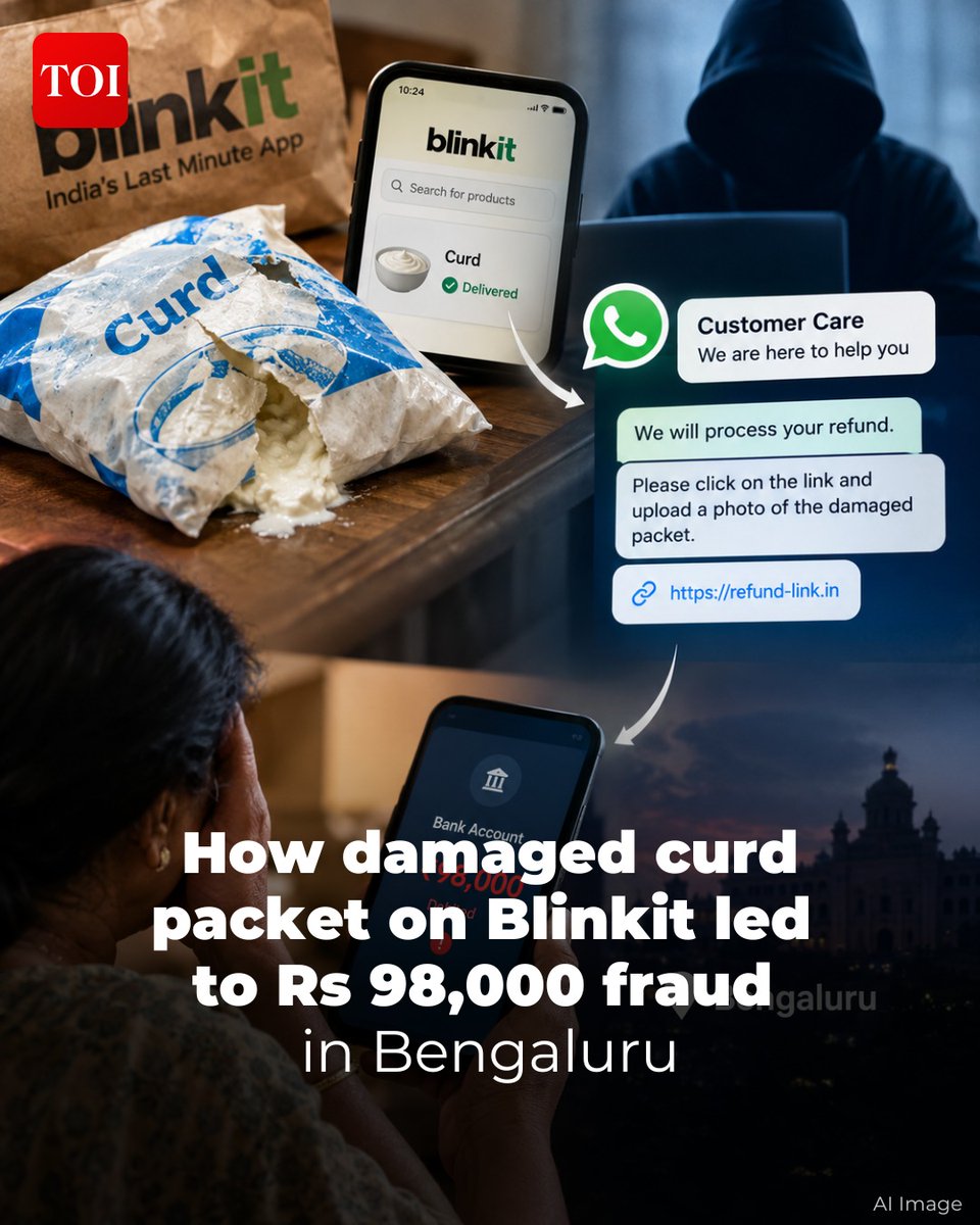 timesofindia's tweet photo. A 56-year-old homemaker lost Rs 98,000 to #cyber fraud after ordering a packet of curd on #Blinkit, finding it damaged and searching online for a customer care number to claim a refund.

She was allegedly duped after contacting fraudsters posing as #customer care representatives and following a link they sent her on #WhatsApp.

Know more 🔗  https://t.co/WNI6Jxg9a4

Read the full story on the TOI App 👉https://t.co/ogFaRsVinV