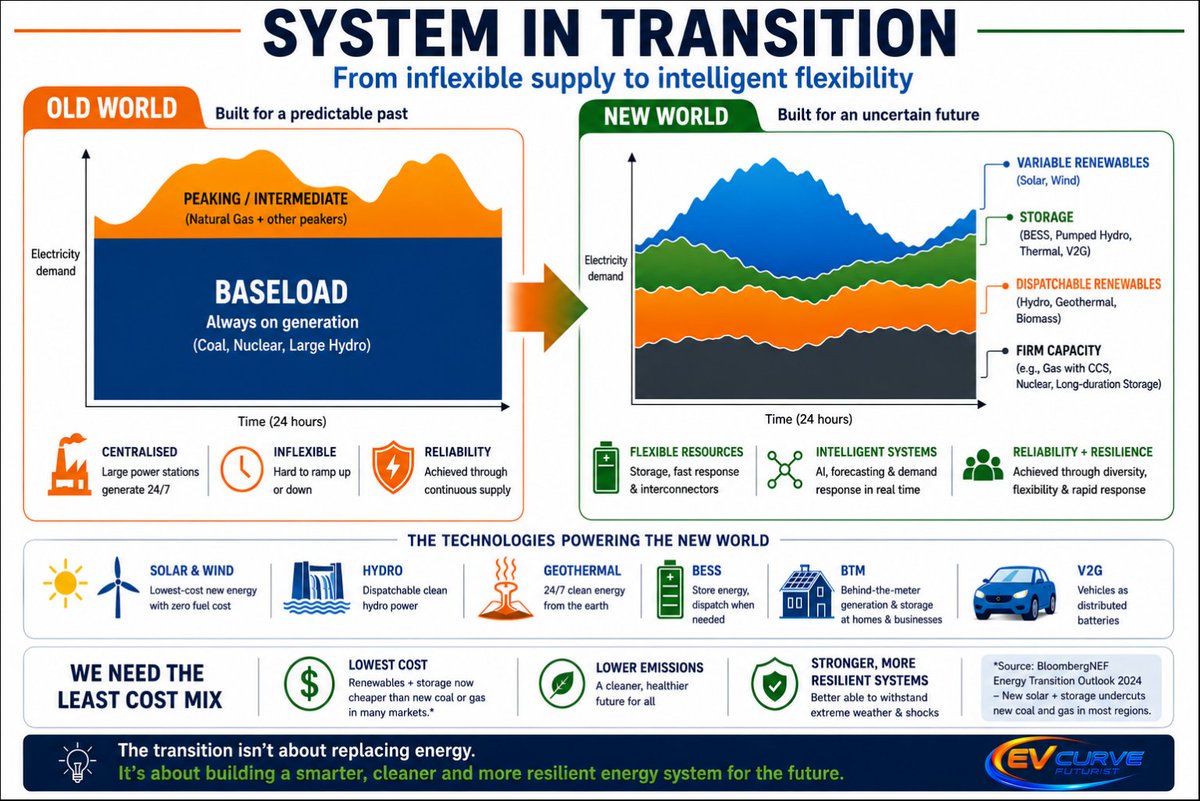 EVCurveFuturist's tweet photo. The energy transition isn't simply about replacing coal and gas with renewables. It's about fundamentally rethinking how electricity systems work. Moving beyond outdated baseload thinking towards flexibility, storage and intelligent grids.
The future is already taking shape. ⚡ https://t.co/7qU96IyGuD