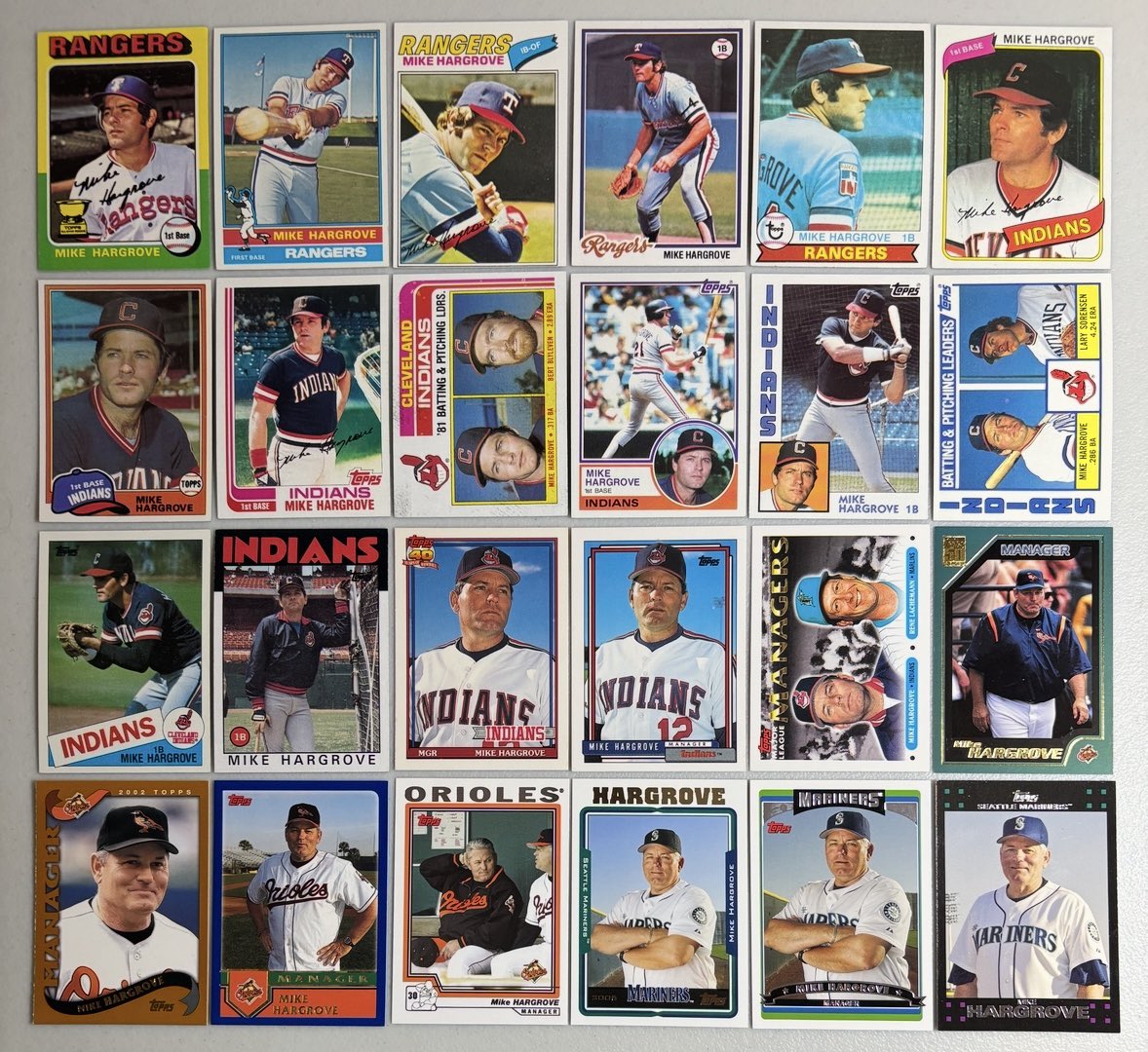 BaseCardsRule's tweet photo. Happy 77th birthday Mike Hargrove. The “Human Rain Delay” won the 1974 AL ROY &amp; was an All Star in 1975. He played a dozen years &amp; managed for 16 more winning 1,188 games. Here is a complete career run of his Topps base cards. https://t.co/crbFI6Zbco