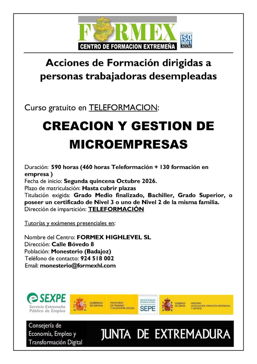 sexpeemplea's tweet photo. 📣 Os compartimos 3 cursos con plazo abierto. 
💻️  Son todos en modalidad teleformación. 
 👉 Destinados a personas desempleadas. 
🔎 Detalles: 
✅ https://t.co/WEMVYxtHjz 
✅ https://t.co/7TSrvr0mTP 
✅ https://t.co/f7igGH1cgS 
#formación #SEXPE #Extremadura https://t.co/PuZAmAt9xn